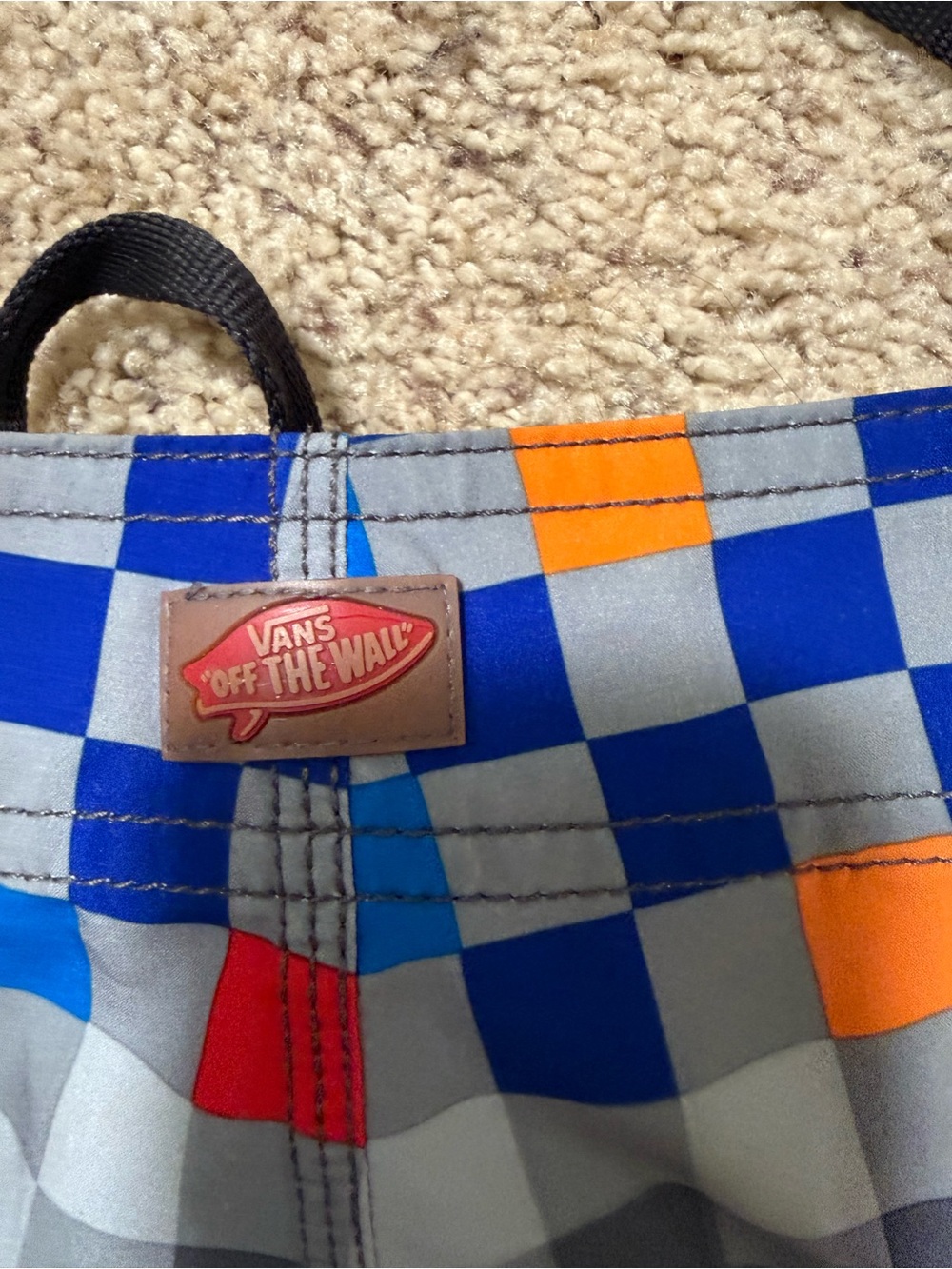 Vans Men’s Gray Checkerboard Swim Shorts with Blue, Red & Orange Accents - Picture 5 of 6
